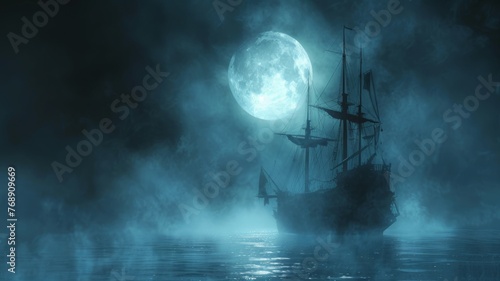 A ghost ship emerging from the fog at midnight, full moon above photo