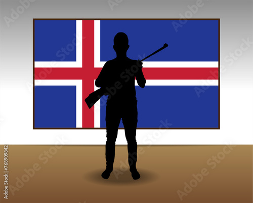 Man holding a gun in front of Iceland flag, fight or war idea