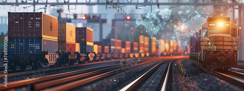 In the foreground, a sharp image captures a freight train laden with containers, while a blurred map of worldwide rail networks serves as the backdrop
