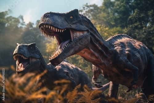 two dinosaurs, t-rex with open mouth in previous natural habitat on sunny day, shallow focus on dinosuar head in front, background blurred