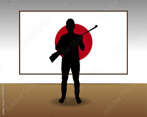 Man holding a gun in front of Japan flag, fight or war idea
