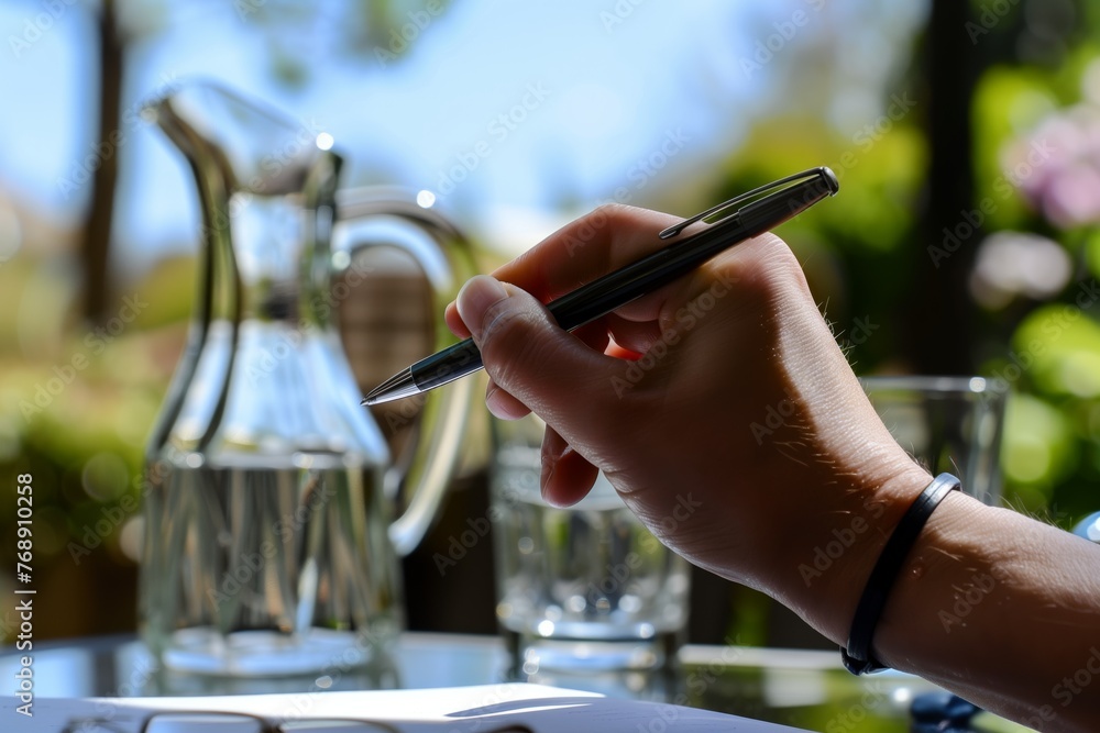 Fototapeta premium hand holding pen, ready to write, with water pitcher and glasses in background