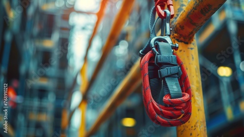 A safety harness hanging on a construction site, suspended bravery photo