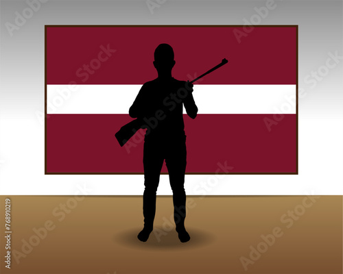 Man holding a gun in front of Latvia flag, fight or war idea