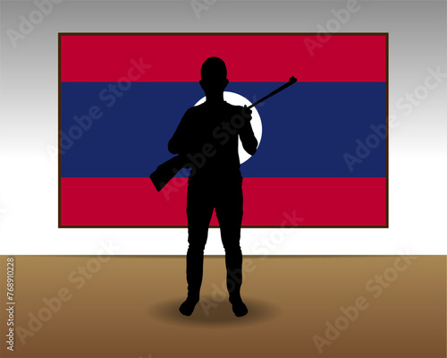 Man holding a gun in front of Laos flag, fight or war idea