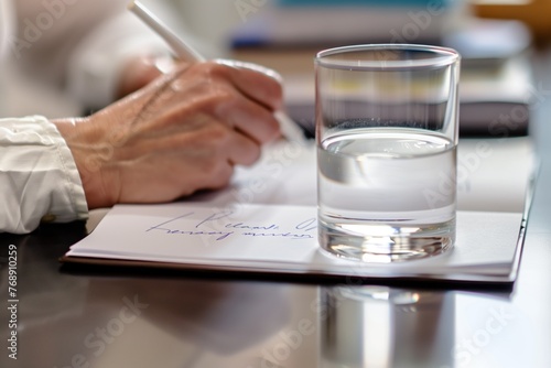 closeup of a persons hand taking notes with a halffull water glass photo