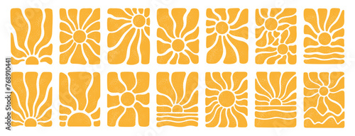 Large set groovy sun. Yellow textured retro sun. Posters from the 70s and 60s. Hippie style. Summer vintage patterns