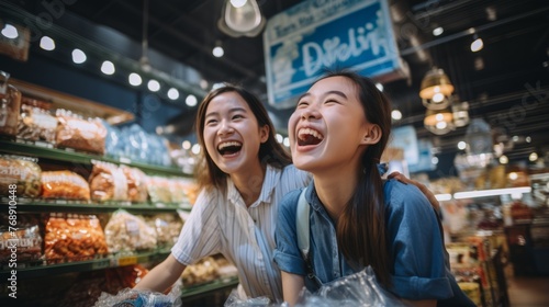 Two Asian women laughing in a grocery store