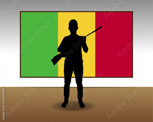 Man holding a gun in front of Mali flag, fight or war idea