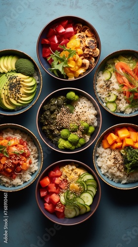 Various healthy buddha bowls with vegetables, rice and avocado