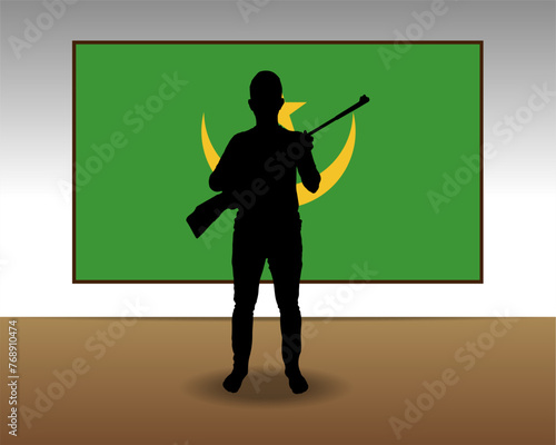 Man holding a gun in front of Mauritania flag, fight or war idea