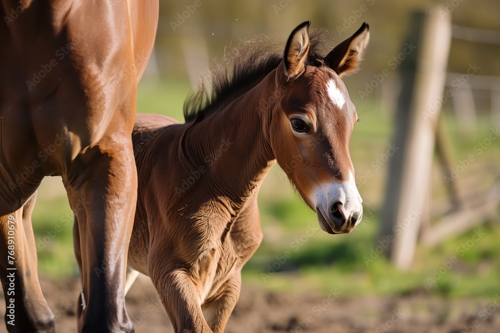 Obraz premium foal being nudged forward by a parent in caring guidance