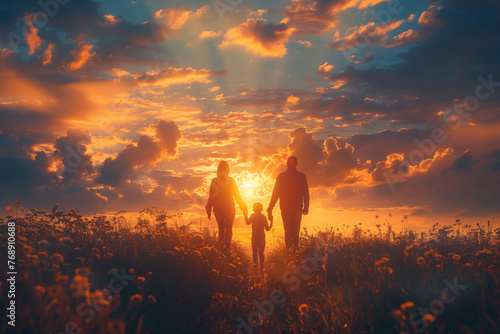 Father, mother and little child in the center. Family silhouette walking down a ethereal sunset or sunrise vibrant landscape. Christian family walking the path of righteousness.  photo