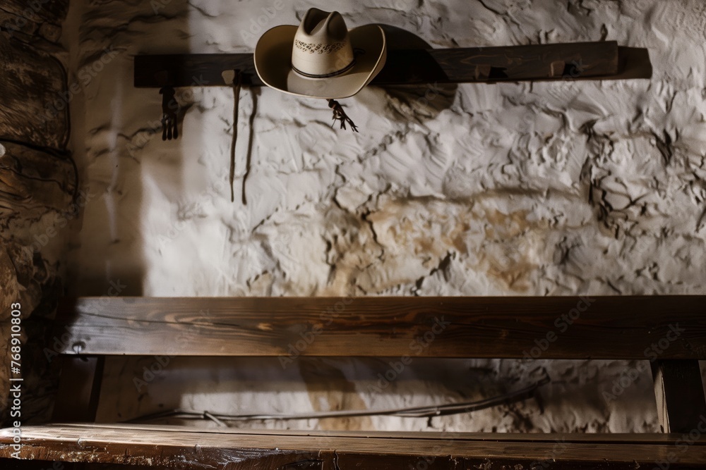 cowboy hat on a hook above a wooden bench