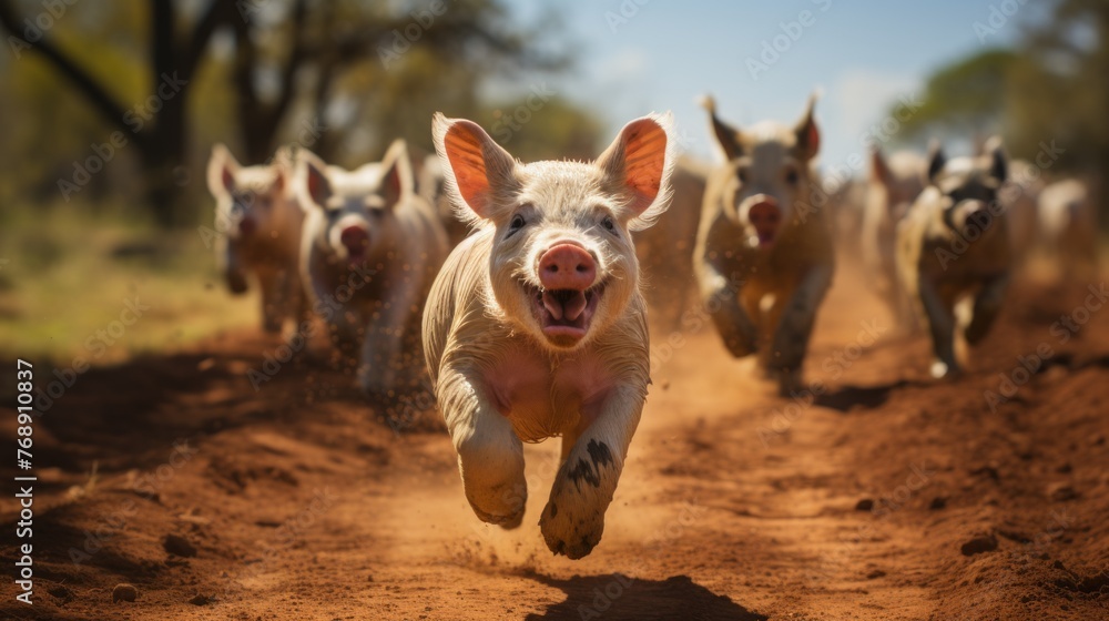 A group of happy pigs running on a dirt road A group of happy pigs running on a dirt road