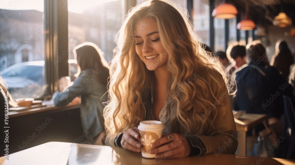Blonde woman smiling while holding a coffee cup in a cafe