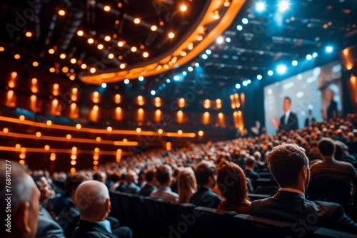 Audience listens to a speaker at a conference