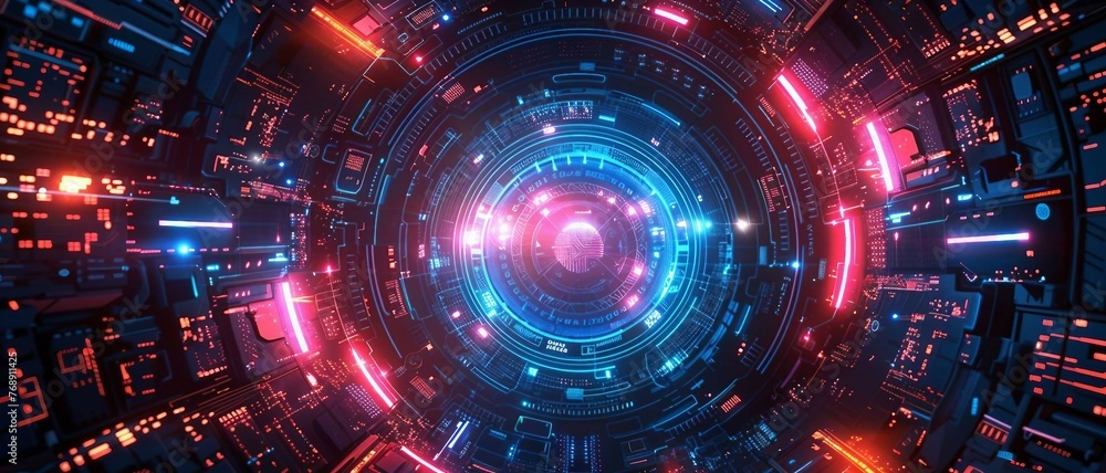Abstract technology background for gaming interfaces, featuring futuristic HUD elements, neon overlays, dynamic data visualization. for gaming website banners.