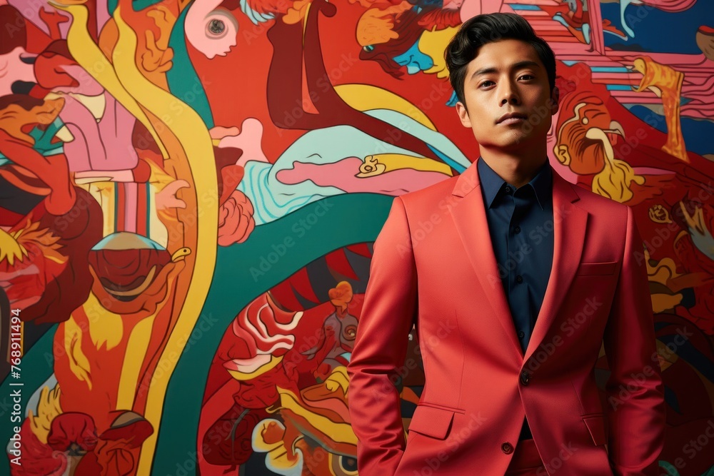 Fototapeta premium Man Standing in Front of Colorful Wall Generative AI