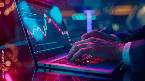 Futuristic Financial Data Analysis. Professional analyzing dynamic financial charts on a laptop, highlighted by neon lights.