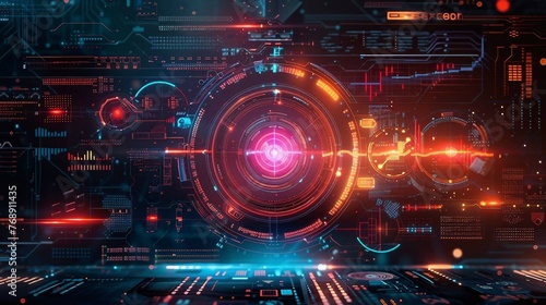 Abstract technology background for gaming interfaces, featuring futuristic HUD elements, neon overlays, dynamic data visualization. for gaming website banners.