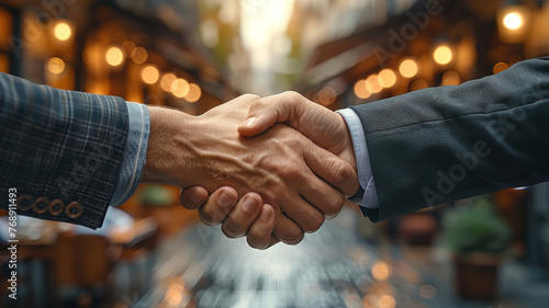 Firm Handshake in Urban Setting. Two professionals exchanging a firm handshake on a bustling city street, signaling a successful agreement and mutual respect.