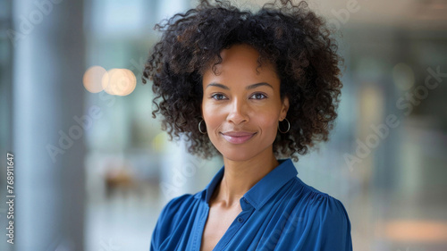 Confident Curly-Haired Businesswoman in Office. Elegant businesswoman with natural curly hair wearing a teal blouse, standing in a modern office setting.