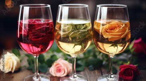 Three glasses of wine with roses inside them sit on a wooden table.