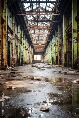 An abandoned and flooded factory building with graffiti on the walls