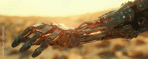 Cybernetic Arm, precision articulation, allowing for superhuman strength, against a desert backdrop, in bright sunlight, 3D render, silhouette lighting photo