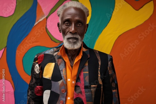 Black Elderly Man Standing in Front of Colorful Wall Generative AI