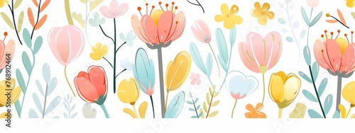 Cute pastel spring floral pattern on a white background a flat design with pastel colors and a simple design Generative AI