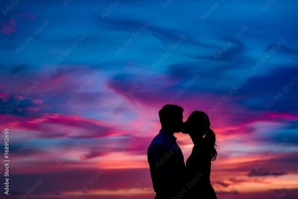 A couple embraced in a kiss against the azure sky at dusk