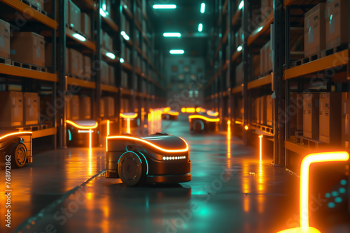 Advanced cargo robots seamlessly moving parcels within a modern warehouse, highlighting the integration of new technology in logistics.