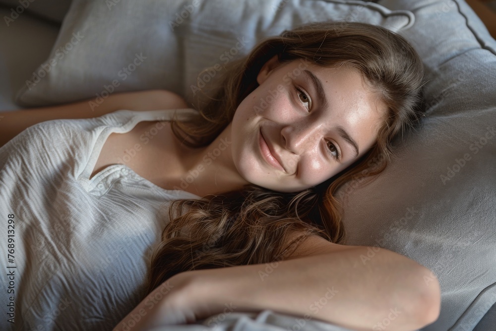 Woman with casual clothes is relaxing sitting and sleeping on a sofa in a living room in safezone comfortable area. Generative AI. Woman with casual clothes is relaxing sitting and sleeping on a sofa in a living room in safezone comfortable area. Generative AI.