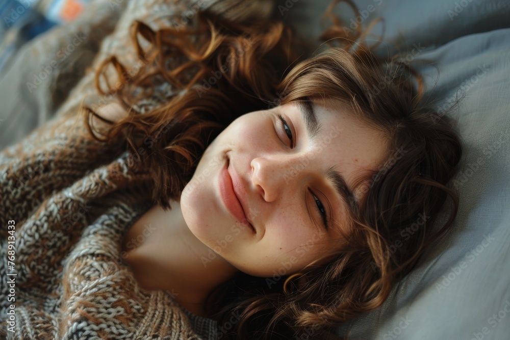 Woman with casual clothes is relaxing sitting and sleeping on a sofa in a living room in safezone comfortable area. Generative AI. Woman with casual clothes is relaxing sitting and sleeping on a sofa in a living room in safezone comfortable area. Generative AI.