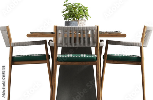 Lateral view of outdoor wooden dining table with chairs	