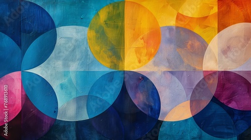 Abstract canvas art featuring vibrant overlapping circles in a rich spectrum of colors..