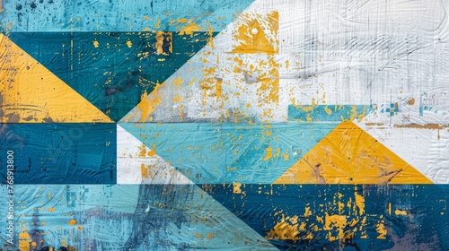 A dynamic mural featuring geometric patterns in shades of blue and yellow with a textured finish..