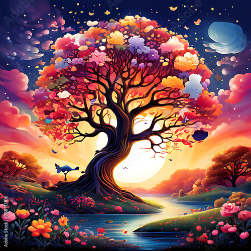 Whimsical illustration of a Dreamy floating tree, rich background, whimsical animals, flowers, and landscapes. Enchanting, nostalgic, bold colors. Folklore, memory