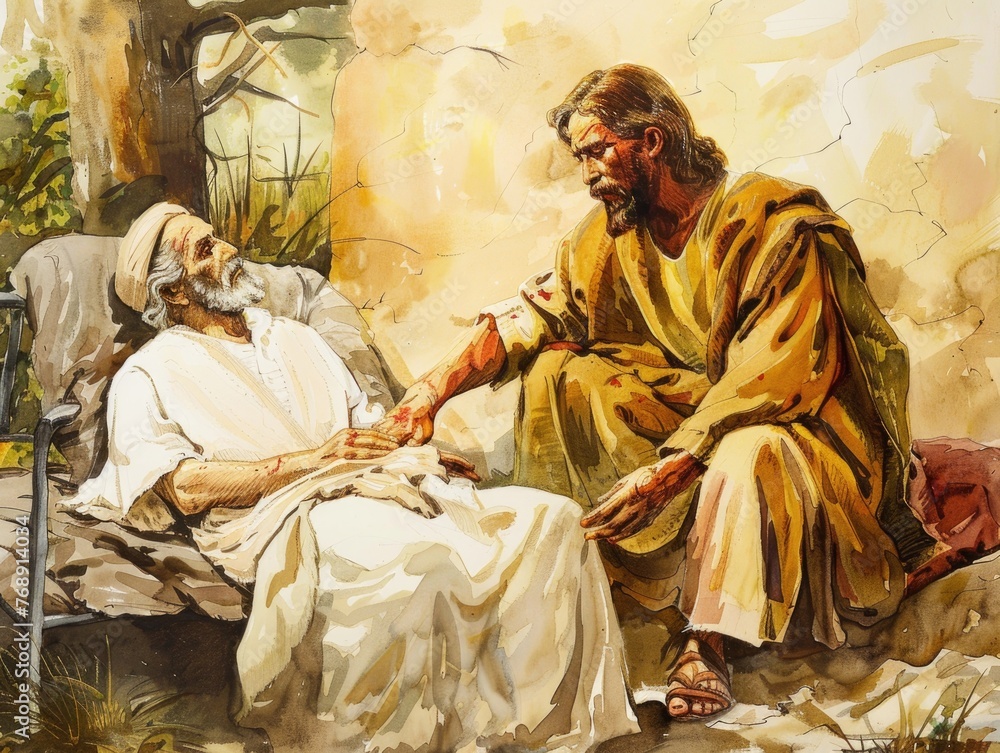 Jesus as a healer in todays world, offering compassion in times of crisis, Scene illustration , Religious Art