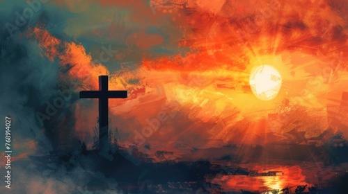 Sunrise scene with a quote on faith from Jesus, uplifting and serene, Scene illustration , Religious Art