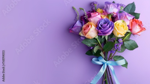 Colorful Rainbow Rose Bouquet with Blue Ribbon on a Lilac Background