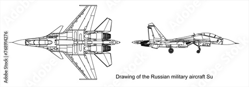 Vector drawing of a russian military aircraft su.
General view of a war plane fighter bomber.
Top, side views. Cad scheme.
Model, contour, sketch.