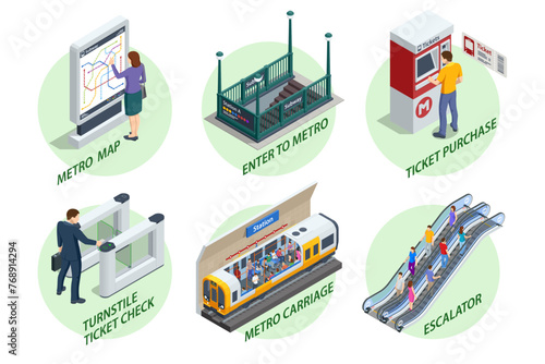Isometric set Subway Elements. Turnstile ticket check, Enter to Metro, Escalator, Ticket purchase, Metro-carriage, Transition metro station, Metro-station, Metro-Tunnel