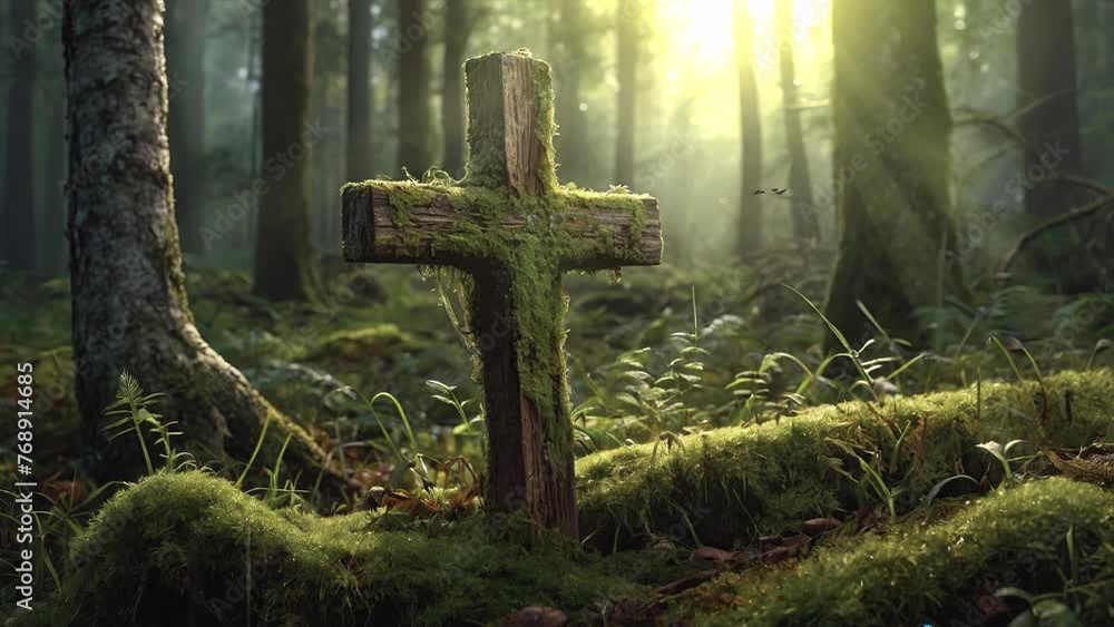 Delve into the solemn beauty of an aged grave marker, where the mossy cross tells tales of the past, shrouded in the mystique of the forest's gentle embrace in captivating 4K looping footage. Delve into the solemn beauty of an aged grave marker, where the mossy cross tells tales of the past, shrouded in the mystique of the forest's gentle embrace in captivating 4K looping footage.