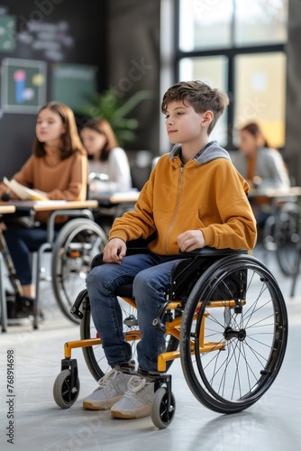 Determined young student in wheelchair engrossed in studying in inclusive classroom environment