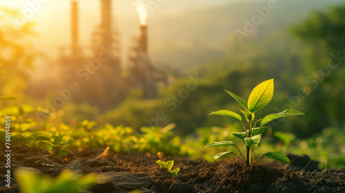 A small plant is growing in the dirt next to a large industrial plant