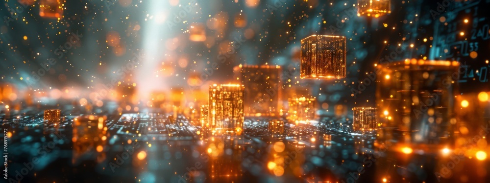 Fototapeta premium scene showcasing the transparency of blockchain, with transparent blocks revealing transaction details within a network.