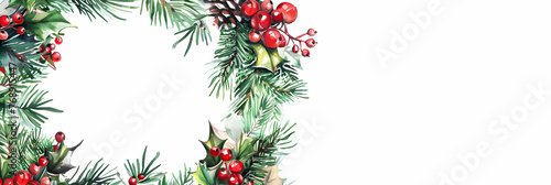 Watercolor Christmas holly and pine decoration.